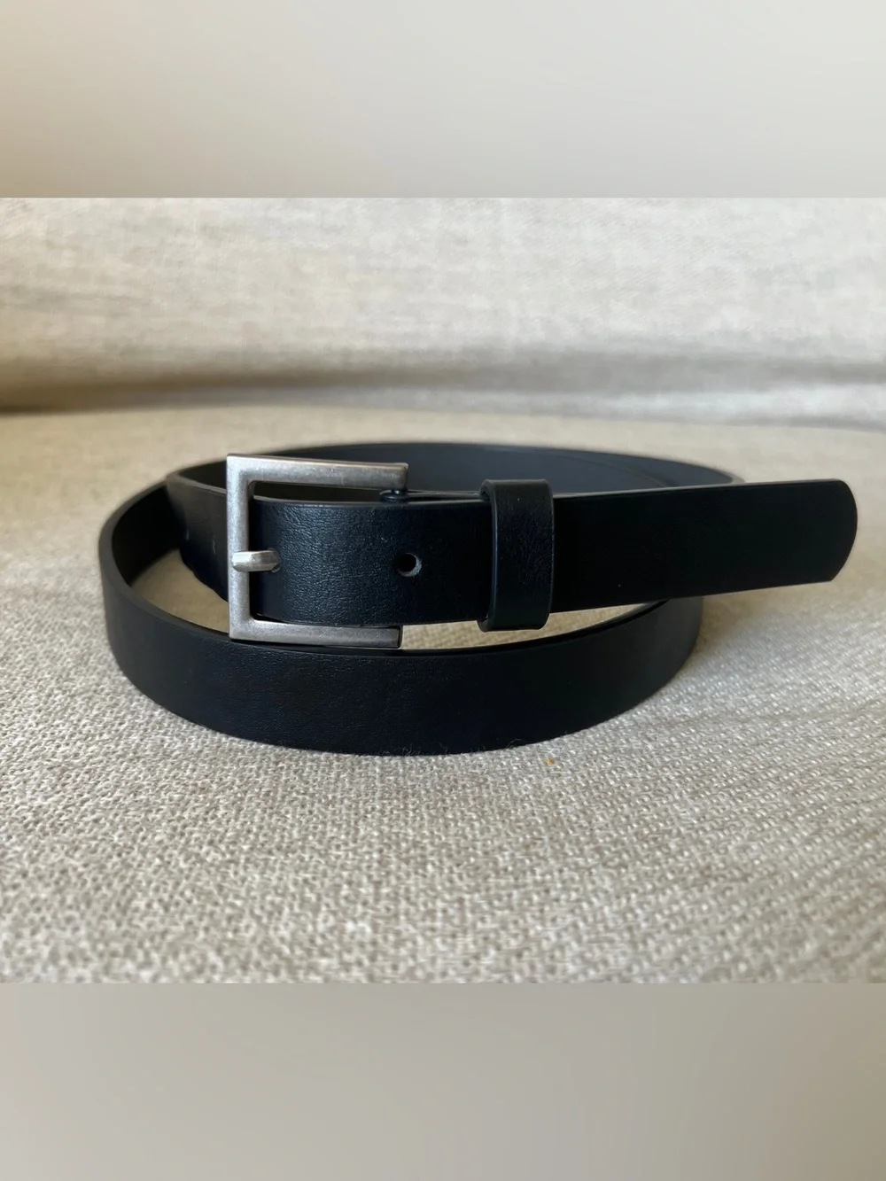 90s black leather belt with square brushed silver buckle XL Minimal Slim Y2K